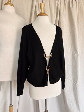 Sioni Black V-Neck Hook-Front Cardigan with Gold Hardware